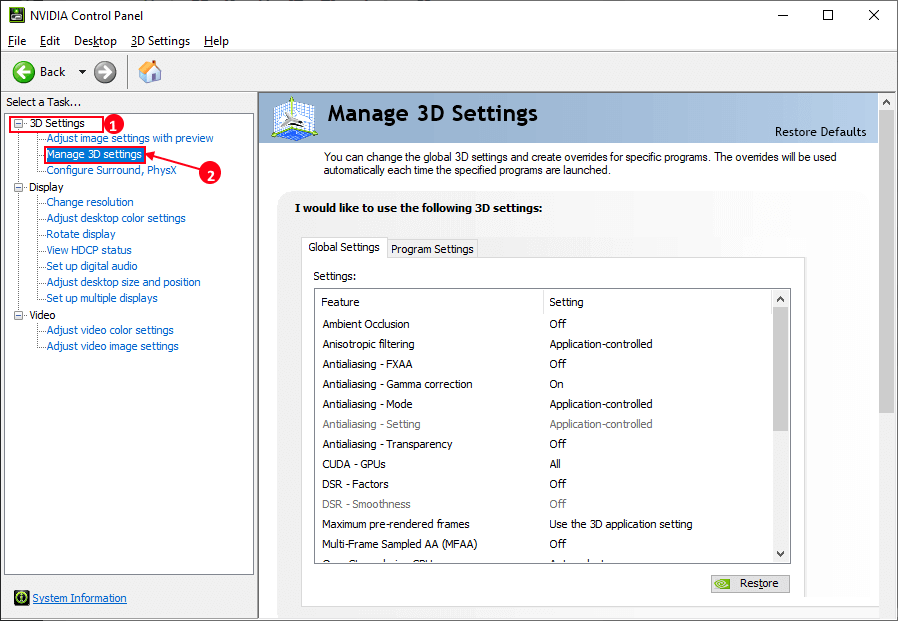 mange 3d settings - إصلاح: كشف برنامج تشغيل NVIDIA OpenGl عن وجود مشكلة ، رمز الخطأ 3