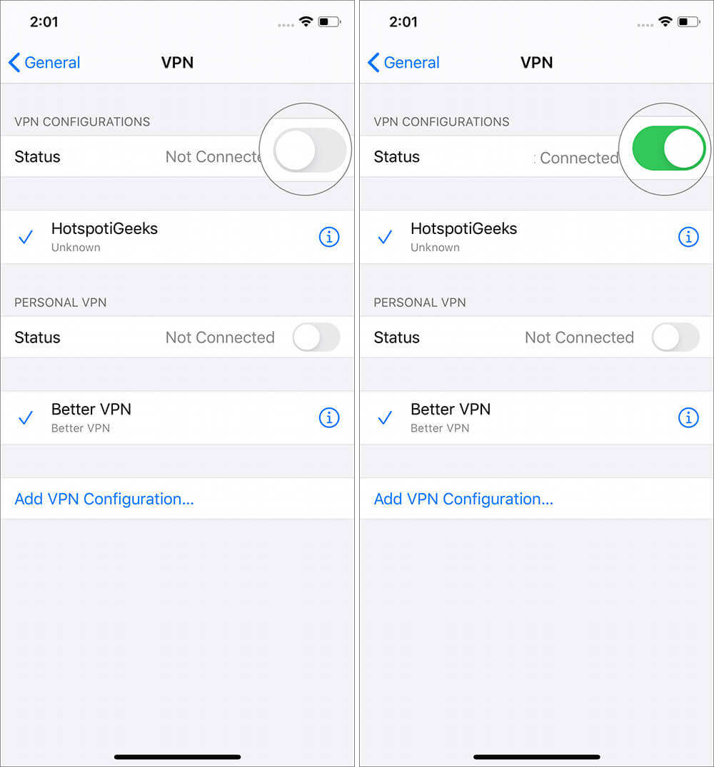 إعداد وتكوين اتصال VPN على iPhone و iPad Turn on status switch under VPN configuration on iPhone 1 - كيفية إعداد وتكوين اتصال VPN على iPhone و iPad