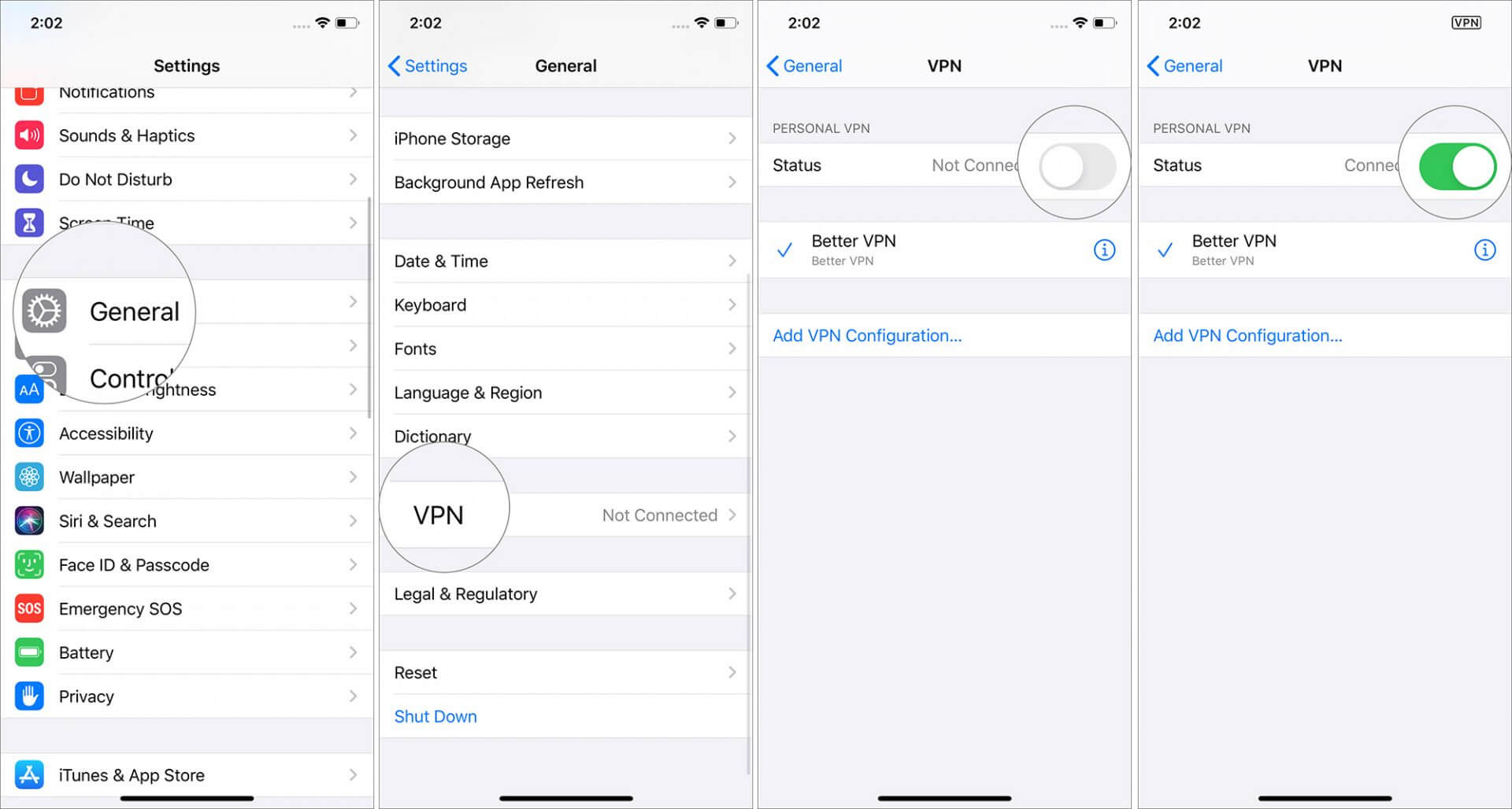 إعداد وتكوين اتصال VPN على iPhone و iPad Turn on status switch under VPN configuration on iPhone 15 - كيفية إعداد وتكوين اتصال VPN على iPhone و iPad