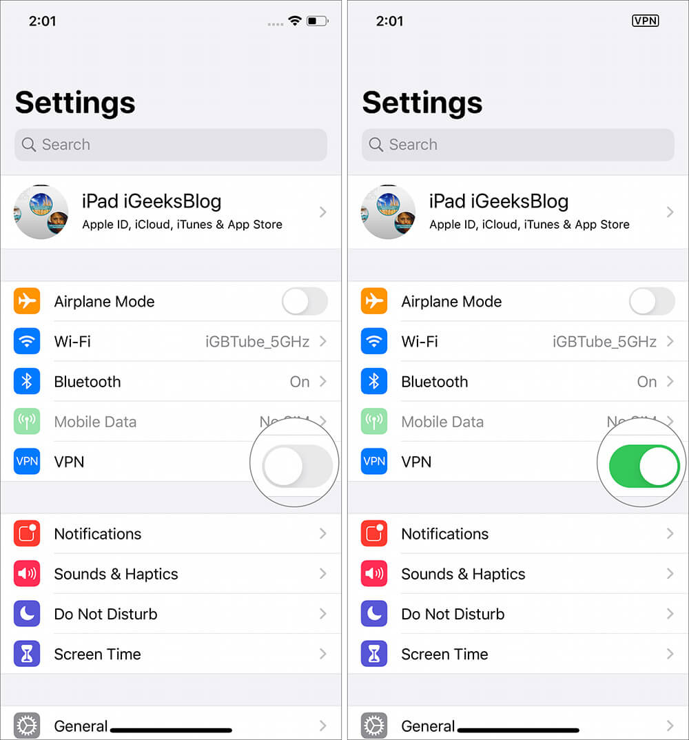 إعداد وتكوين اتصال VPN على iPhone و iPad Turn on status switch under VPN configuration on iPhone 17 1 - كيفية إعداد وتكوين اتصال VPN على iPhone و iPad