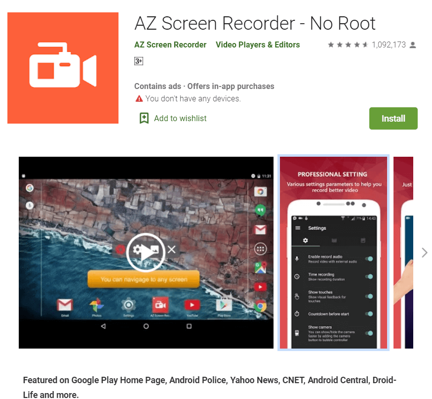 AZ-SCREEN-RECORDER-–-NO-ROOT 7 طرق لالتقاط لقطة شاشة على هاتف Android