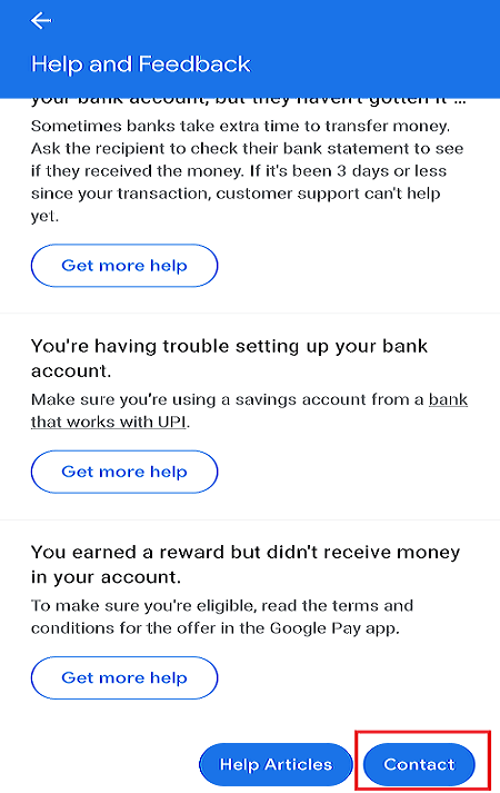 Cant-find-any-option-matching-your-query-then-directly-click-on-the-Contact-button 11 نصيحة لإصلاح مشكلة عدم عمل Google Pay