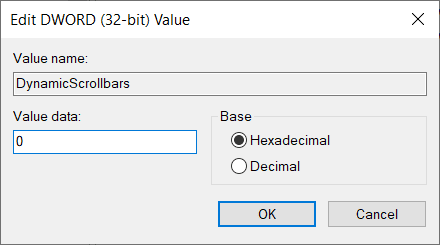 Change-the-value-to-0-in-order-to-disable-the-hiding-scrollbars عرض أشرطة التمرير دائمًا في تطبيقات Windows 10 Store