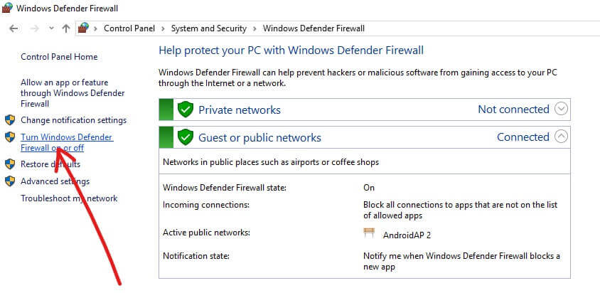 Click-on-Turn-Windows-Defender-Firewall-on-or-off إصلاح Spotify Web Player لا يعمل (دليل خطوة بخطوة)