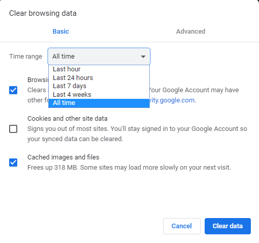 Delete-browsing-history-from-the-beginning-of-the-time-in-Chrome-1 10 طرق لإصلاح حل خطأ المضيف Host في Chrome