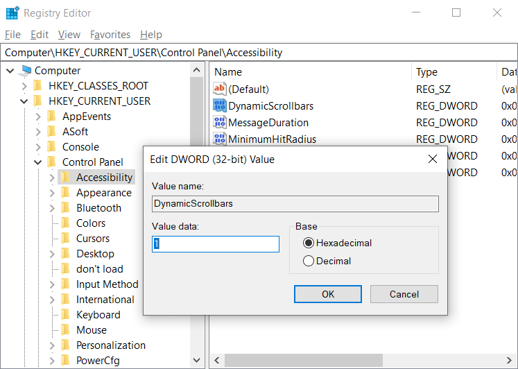 Double-click-on-DynamicScrollbars-DWORD عرض أشرطة التمرير دائمًا في تطبيقات Windows 10 Store