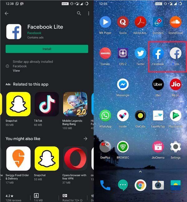 Facebook-Lite-App-Android كيفية استخدام حسابين الفيسبوك على Android في نفس الوقت