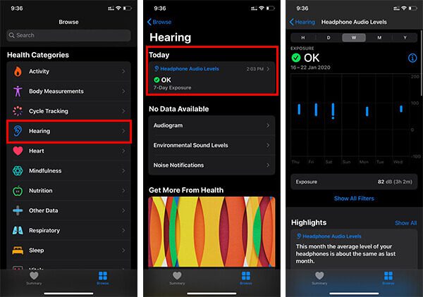 Headphone-Audio-Levels-on-Health-app-in-iPhone كيفية التحقق مما إذا كنت تستمع إلى الموسيقى بصوت عالٍ للغاية على جهاز iPhone