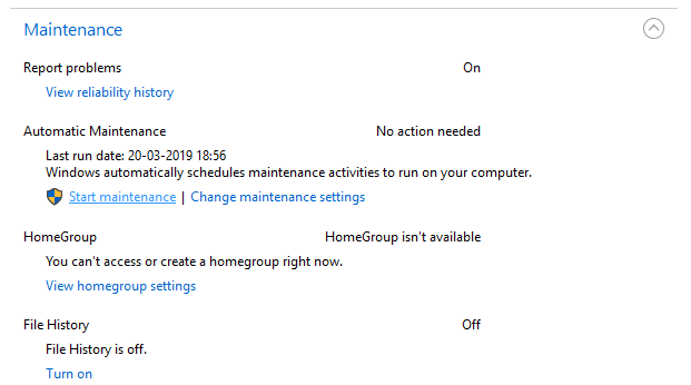 In-the-maintenance-block-click-on-‘Start-maintenance’. 15 نصيحة لزيادة سرعة جهاز الكمبيوتر الخاص بك