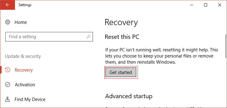 On-Update-Security-click-on-Get-Started-under-Reset-this-PC-1 إصلاح خطأ الأجهزة المعطوبة الصفحة التالفة على Windows 10