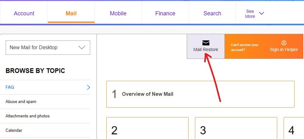 One-other-option-under-mail-support-is-Mail-Restore كيفية الاتصال بـ Yahoo للحصول على معلومات الدعم