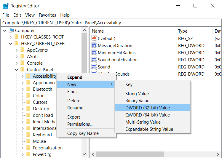 Right-click-on-Accessibility-then-select-New-then-DWORD-32-bit-Value عرض أشرطة التمرير دائمًا في تطبيقات Windows 10 Store