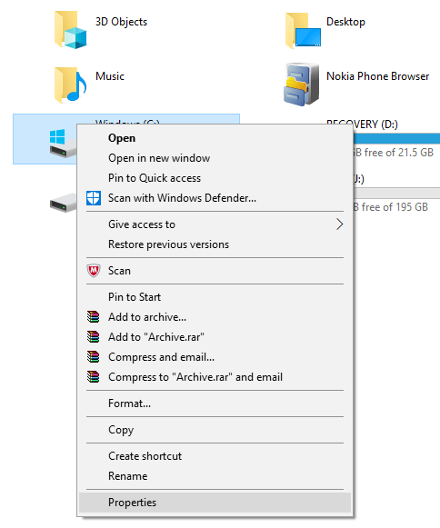 Right-click-on-your-C-drive-and-select-‘Properties’. 15 نصيحة لزيادة سرعة جهاز الكمبيوتر الخاص بك