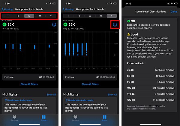 Sound-Level-Cassifications-on-Hearing-section-Health-App كيفية التحقق مما إذا كنت تستمع إلى الموسيقى بصوت عالٍ للغاية على جهاز iPhone