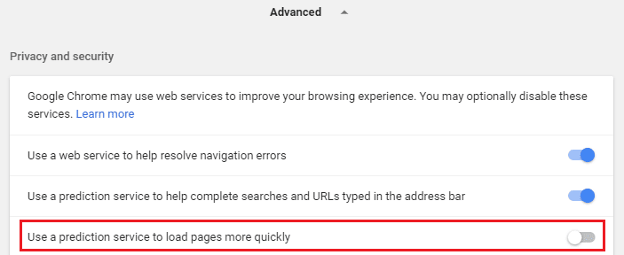 Toggle-OFF-the-button-next-to-Use-a-prediction-service-to-load-pages-more-quickly 10 طرق لإصلاح حل خطأ المضيف Host في Chrome
