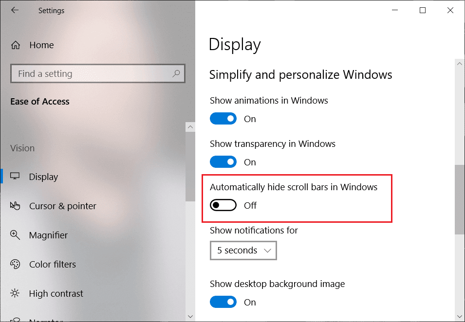 Toggle-off-the-button-under-Automatically-hide-scroll-bars-in-the-Windows-option عرض أشرطة التمرير دائمًا في تطبيقات Windows 10 Store
