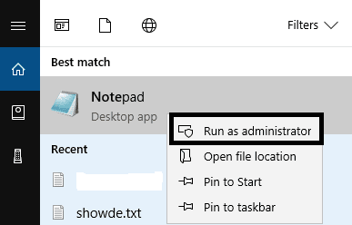 Type-notepad-in-Windows-search-bar-and-right-click-on-the-notepad-to-choose-run-as-administrator 10 طرق لإصلاح حل خطأ المضيف Host في Chrome