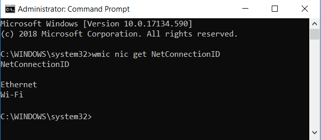 Type-wmic-nic-get-NetConnectionID-to-get-the-names-of-Network-adapters 3 طرق لتغيير إعدادات DNS على Windows 10