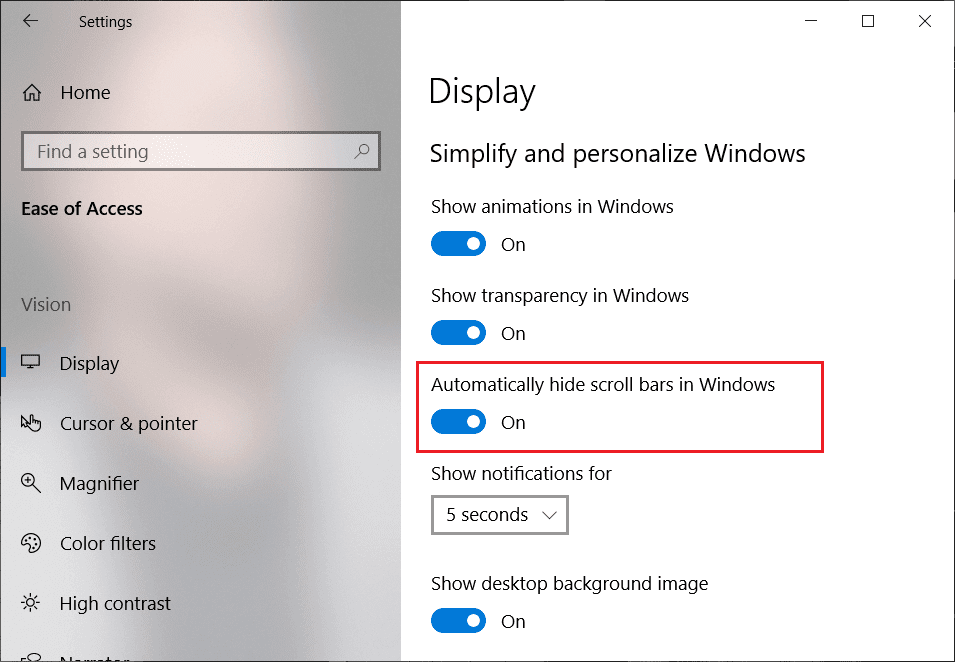 Under-Simplify-and-personalize-find-the-option-to-Automatically-hide-scroll-bars-in-Windows عرض أشرطة التمرير دائمًا في تطبيقات Windows 10 Store