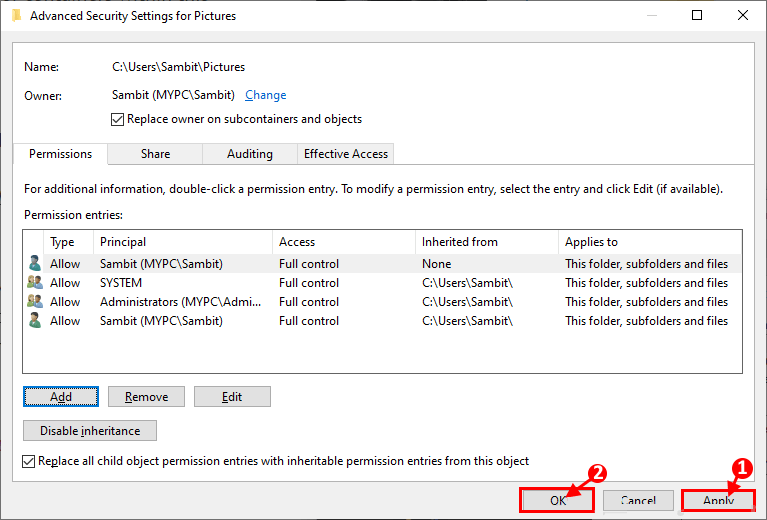 apply_OK كيفية حذف الملفات المحمية بواسطة TrustedInstaller في Windows 10