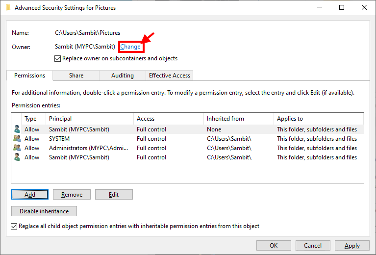 change-ownership كيفية حذف الملفات المحمية بواسطة TrustedInstaller في Windows 10