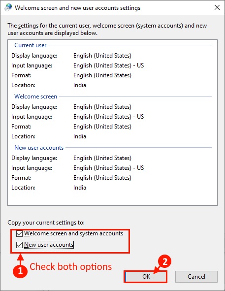 check-options-and-ok إصلاح: Windows يحتفظ تلقائيًا بإضافة تخطيط لوحة المفاتيح EN-US في Windows 10