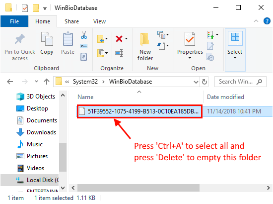empty-Winbiodatabase إصلاح: Windows Hello Face لا يعمل في Windows 10