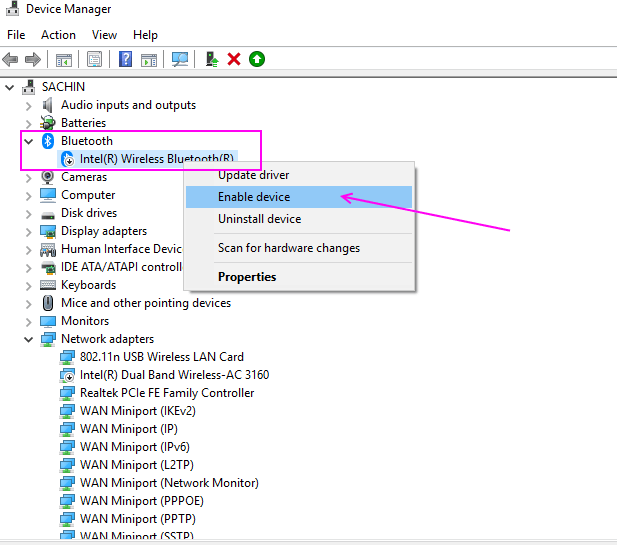 enable-bluetooth-device إصلاح: اختفاء خيار تشغيل Bluetooth On إيقاف / Off في Windows 10