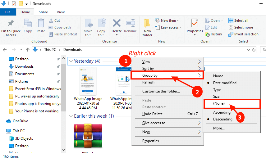 group-by-none كيفية ايقاف فرز مستكشف الملفات حسب الاسبوع والشهر في Windows 10