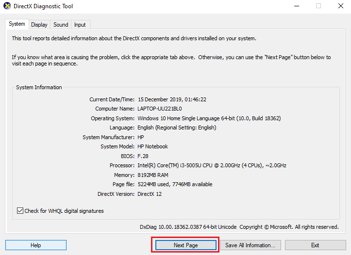 image12 كيفية استخدام أداة تشخيص DirectX في Windows 10