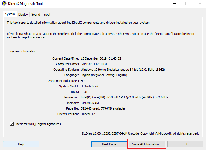 image13 كيفية استخدام أداة تشخيص DirectX في Windows 10