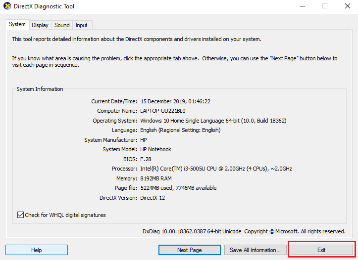 image14 كيفية استخدام أداة تشخيص DirectX في Windows 10