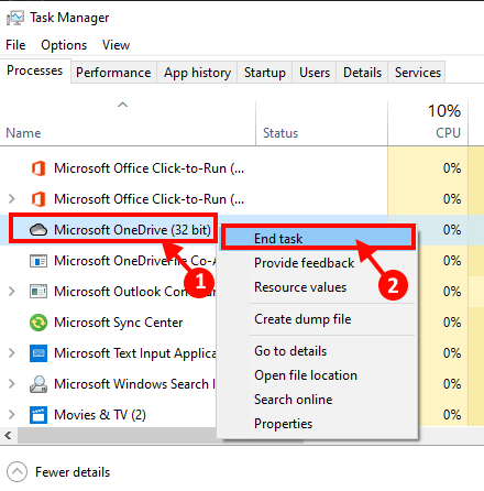 onedrive-end-task إصلاح: مفتاح طباعة الشاشة Print Screen لا يعمل على نظام التشغيل Windows 10