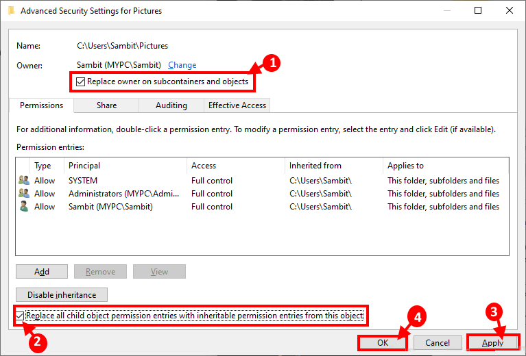 replace-owner-apply-and-ok كيفية حذف الملفات المحمية بواسطة TrustedInstaller في Windows 10