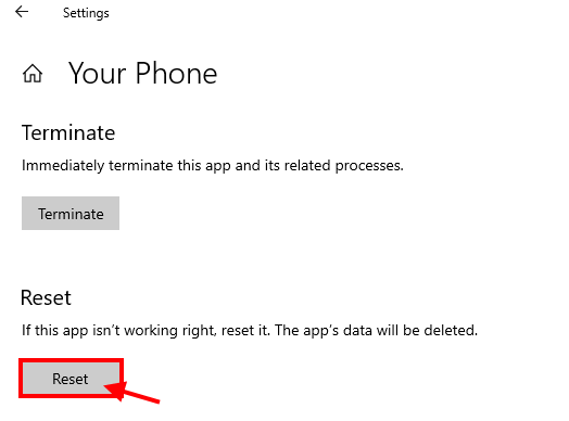 reset-the-app إصلاح:عدم عمل تطبيق Your Phone في Windows 10