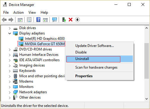right-click-on-NVIDIA-graphic-card-and-select-uninstall-1 إصلاح خطأ الأجهزة المعطوبة الصفحة التالفة على Windows 10