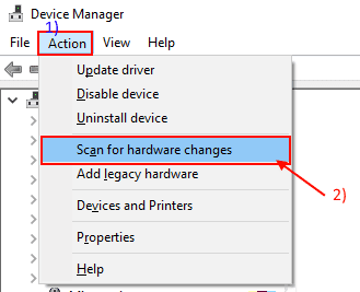 scan-for-hardware-change-1 إصلاح: خطأ خدمة سياسة التشخيص لا تعمل على Windows 10