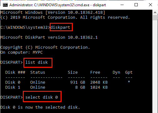 select-disk-0 إصلاح : خطأ أثناء نسخ الملف أو المجلد: خطأ غير محدد في Windows 10