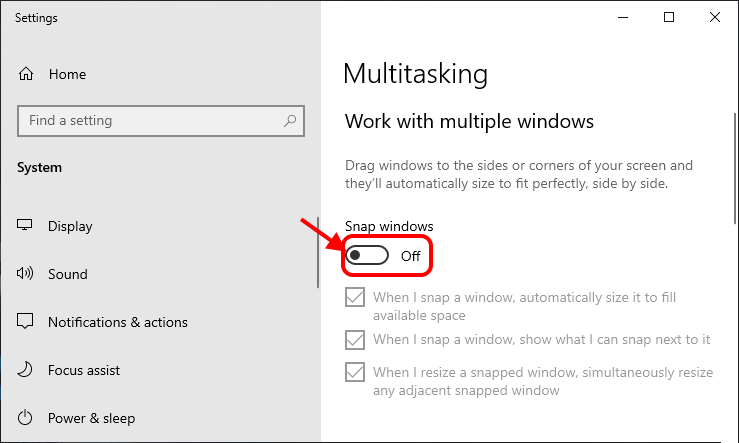 snap-windows-off إصلاح: مشكلة تكبير النافذة لا يسحب في Windows 10