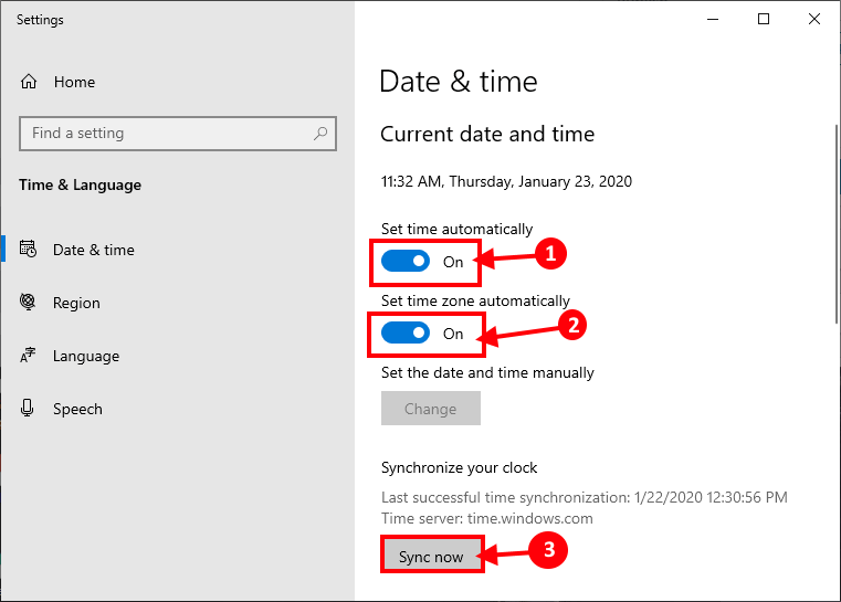 sync-date-and-time إصلاح: متجر Windows لا يفتح في Windows 10