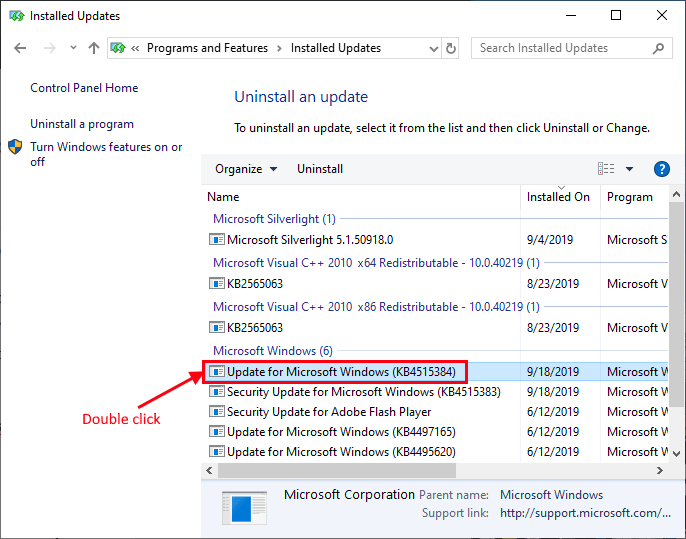 uninstall-winows-update حل مشكلة - إصلاح بدء التشغيل في حلقة لانهائية في نظام التشغيل Windows 10