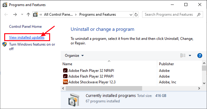 view-installed-updates حل مشكلة - إصلاح بدء التشغيل في حلقة لانهائية في نظام التشغيل Windows 10