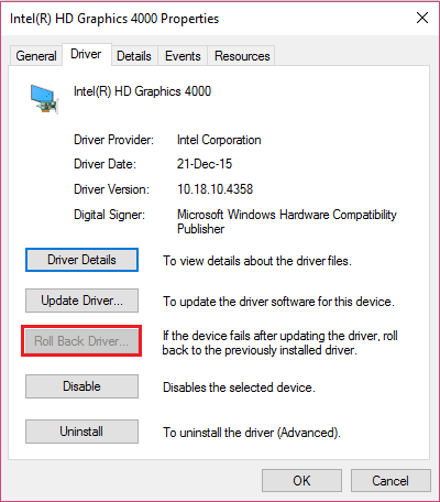 Click-on-Roll-back-driver إصلاح الشاشة الثانية لم يتم الكشف عنها في Windows 10