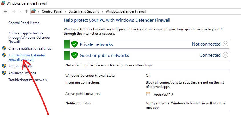 Click-on-Turn-Windows-Defender-Firewall-on-or-off إصلاح غير قادر على تحميل تحديث Windows 10 Creators