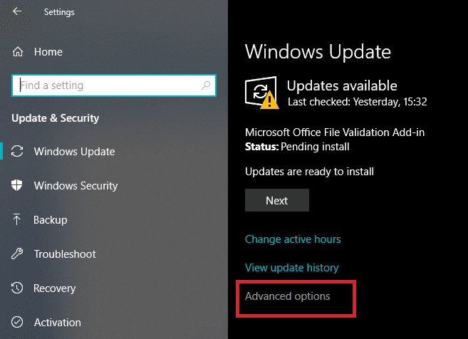 Now-under-Windows-Update-click-on-“Advanced”-options إصلاح غير قادر على تحميل تحديث Windows 10 Creators