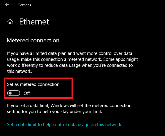 Turn-ON-the-toggle-for-Set-as-metered-connection إصلاح غير قادر على تحميل تحديث Windows 10 Creators