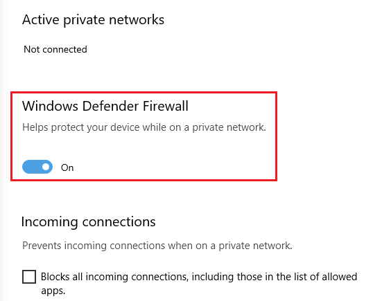 Turn-off-toggle-under-Windows-Defender-Firewall إصلاح مشاكل مزامنة OneDrive على Windows 10