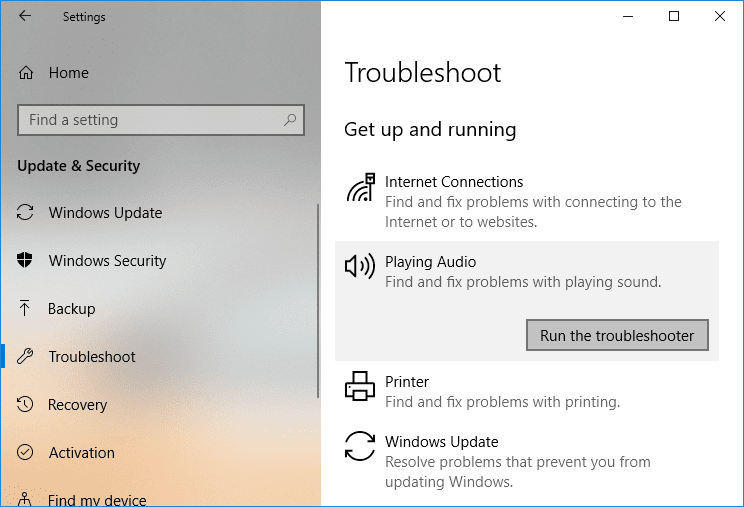 Under-Get-up-and-running-section-click-on-Playing-Audio إصلاح صوت الكمبيوتر منخفض للغاية على Windows 10