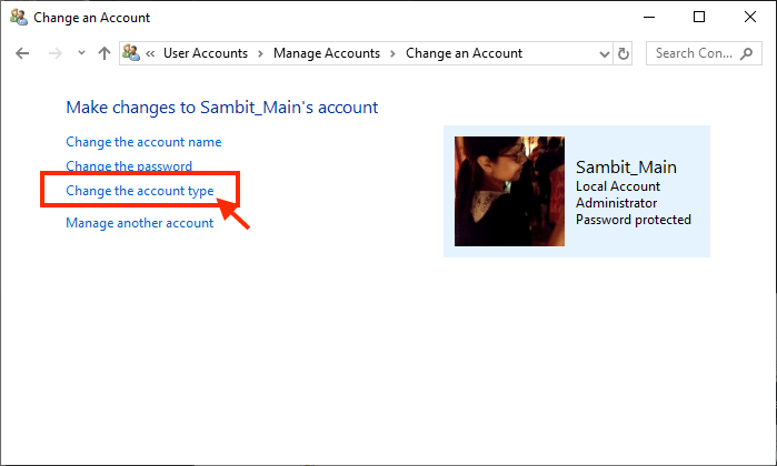 change-account-typeold كيفية تغيير الحساب الإداري administrator الموجود بالفعل في Windows 10