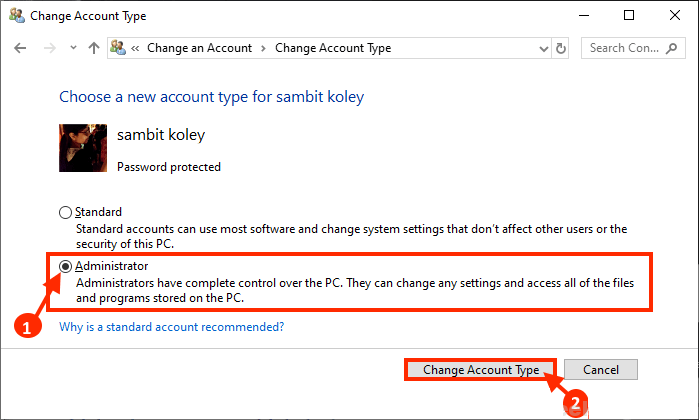 change_admin كيفية تغيير الحساب الإداري administrator الموجود بالفعل في Windows 10